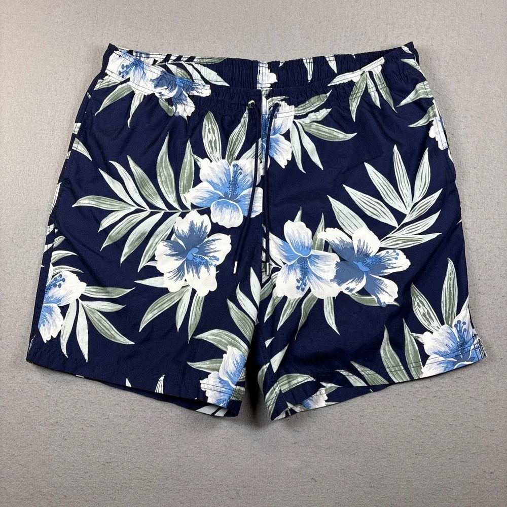 Lands End Men XL 40-42 Swim Trunk Board Shorts Lined Blue Floral Beach Vacation